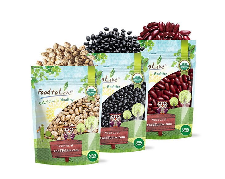 Organic 15 lbs Dry Beans Bundle of Dark Red Kidney Beans, Pinto and Black Beans