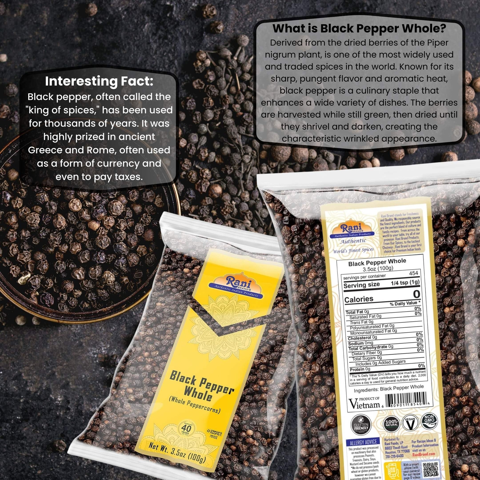 Rani Black Pepper Whole (Peppercorns), Premium Indian MG-1 Grade 3.5oz (100g)