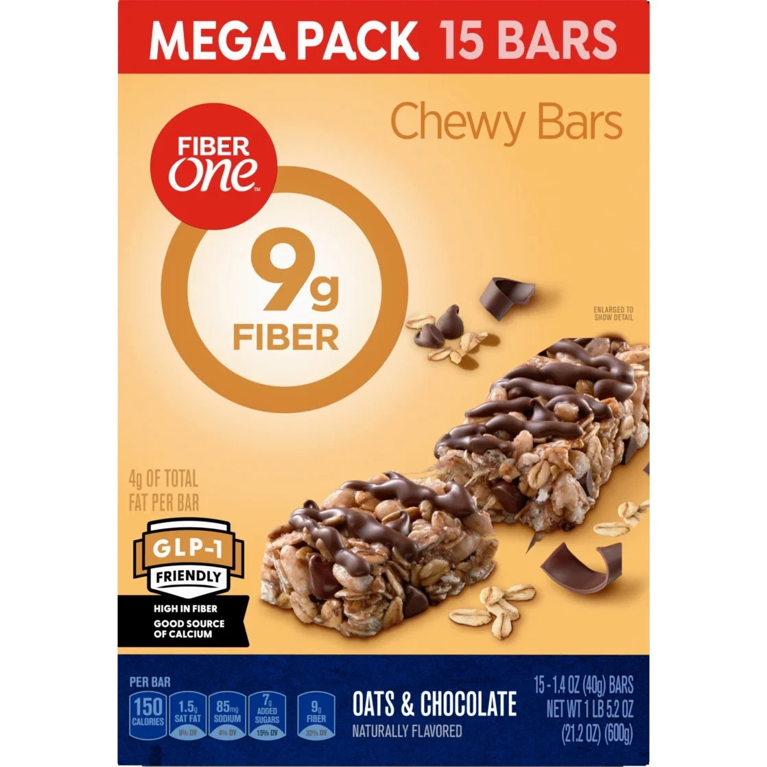 Fiber One Chewy Bars, Oats & Chocolate, Fiber Snacks, Mega Pack, 15 ct