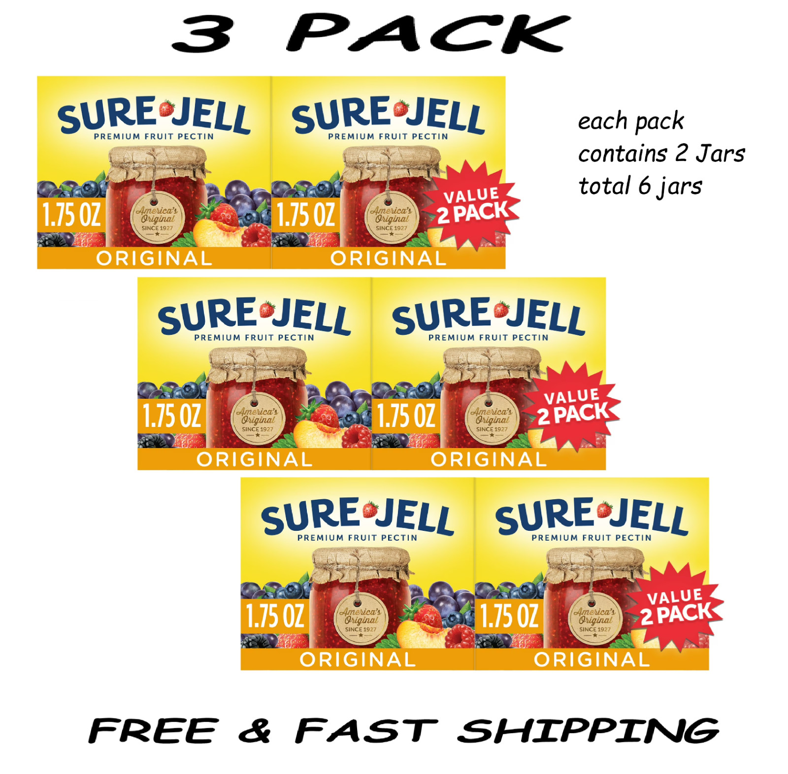 (3 PK)Sure-Jell Original Fruit Pectin, Bulk Canning Supplies 2-pack in 1-1.75oz.