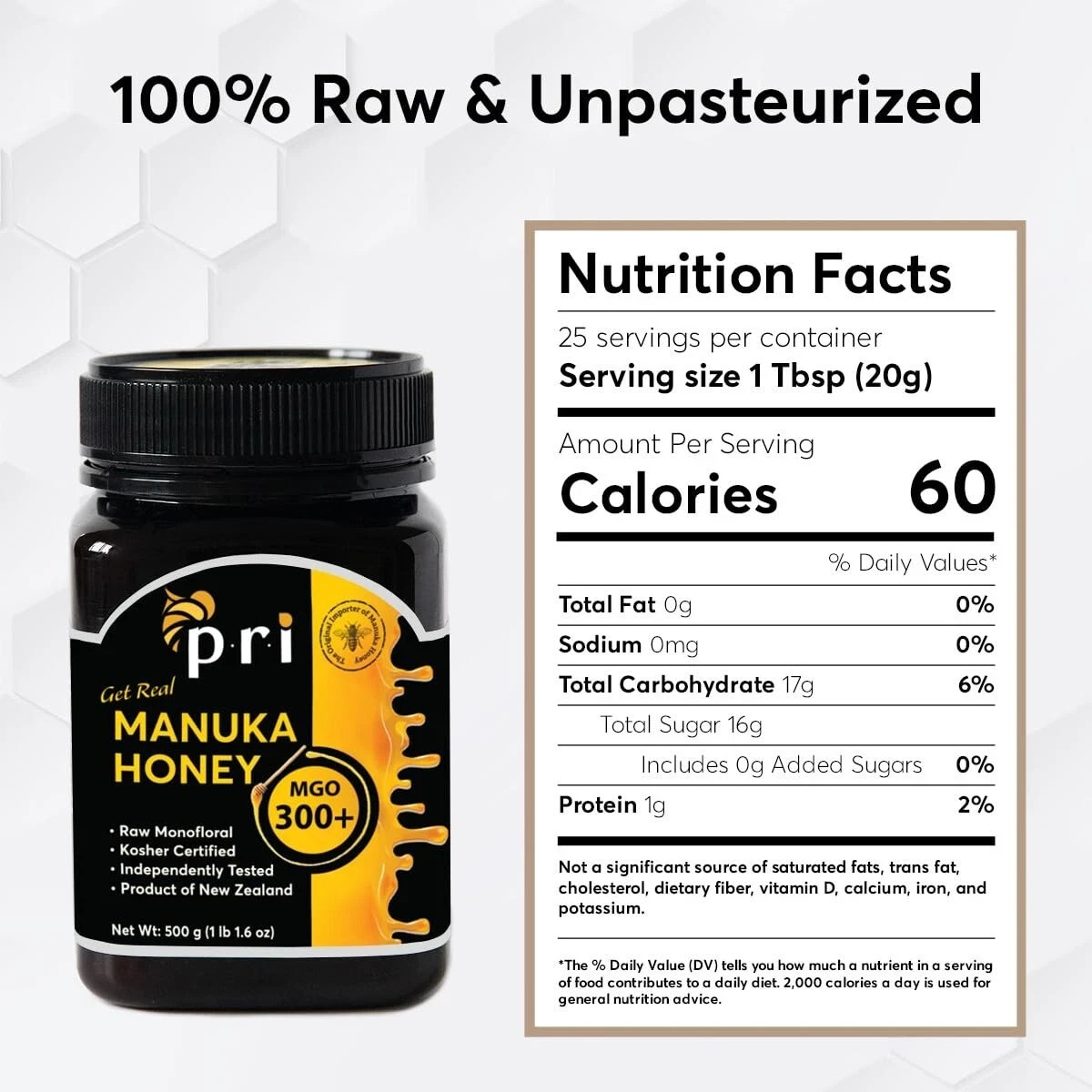P.R.I New Zealand Raw Manuka Honey MGO 300+ Net Wt: 500 g 1 lb 1.6 oz (2 PACK)