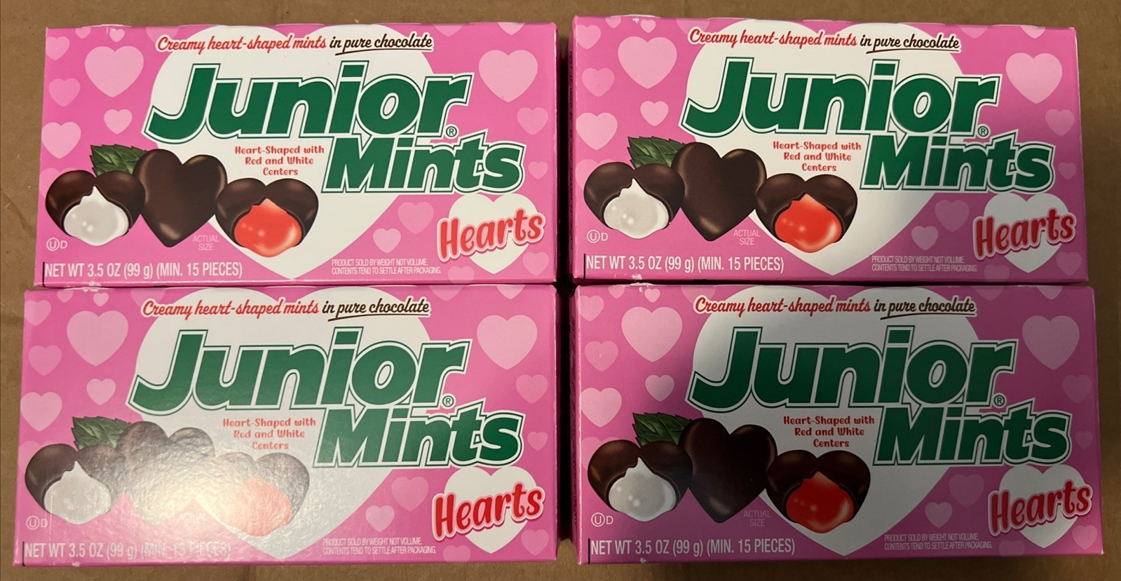 4 – Pink Boxes Junior Mints Crunch Theatre Size Candy 3.5 Ounce, Exp. 9/2026