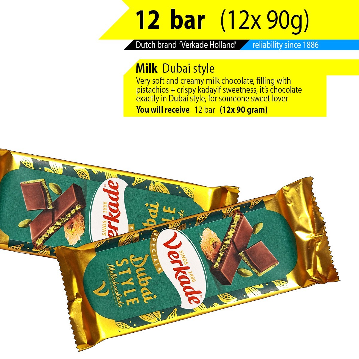 FREE SHIPPING 5 till 12x bar milk chocolate + Dubai style / Verkade Holland