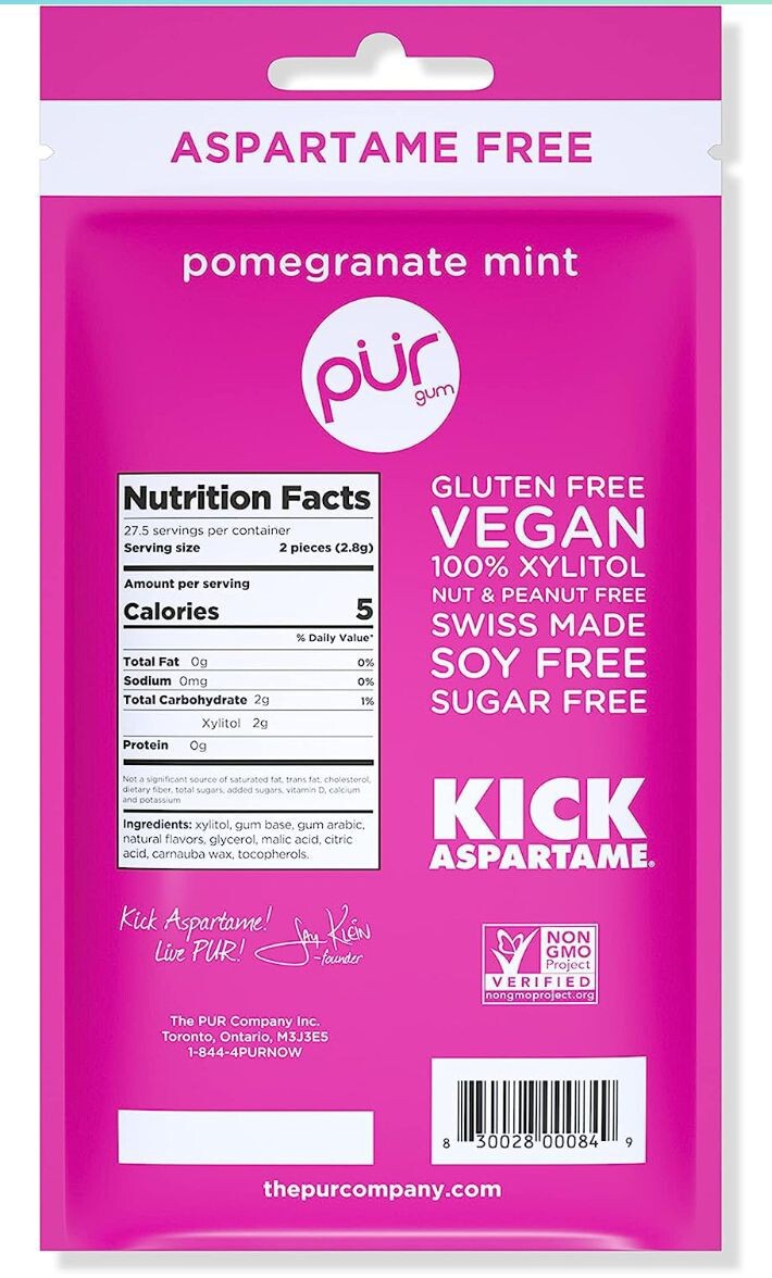 PUR Xylitol Chewing Gum 4 Flavor Variety (55 Pieces, 4 Pack) Sugarless Vegan