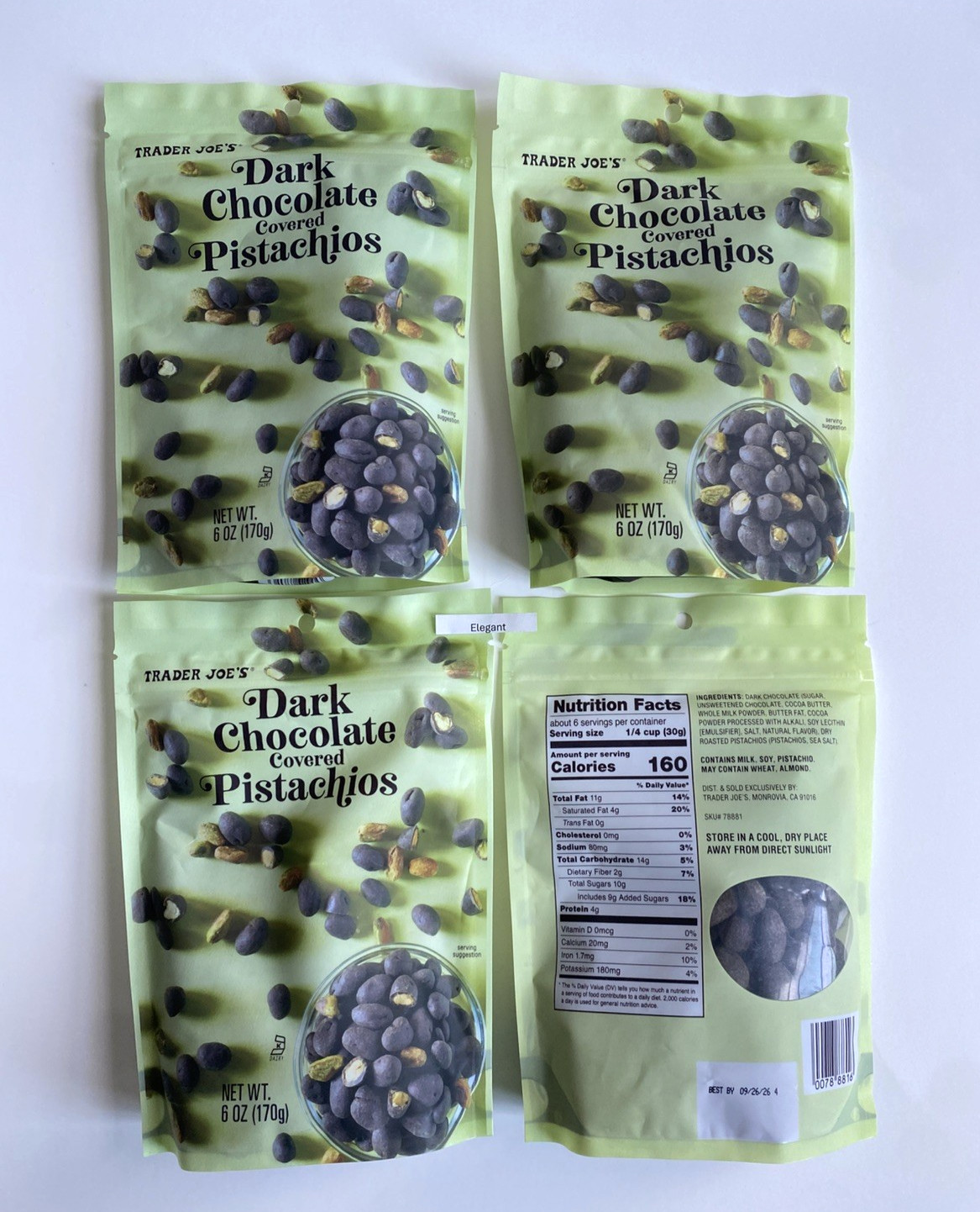 4 Bags Trader Joe’s Dark Chocolate Covered Pistachios 6oz 170g Exp 09/26