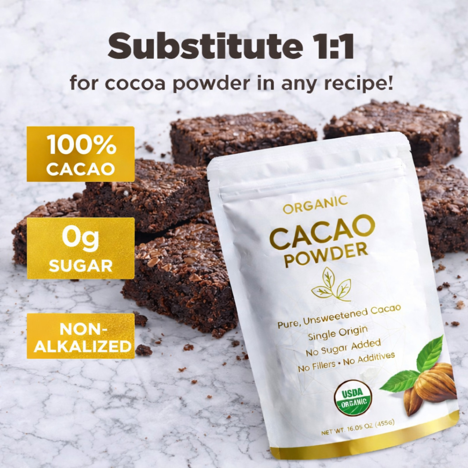 Organic Cacao Powder Unsweetened, Pure Cacao, Single Ingredient, No Sugar Added