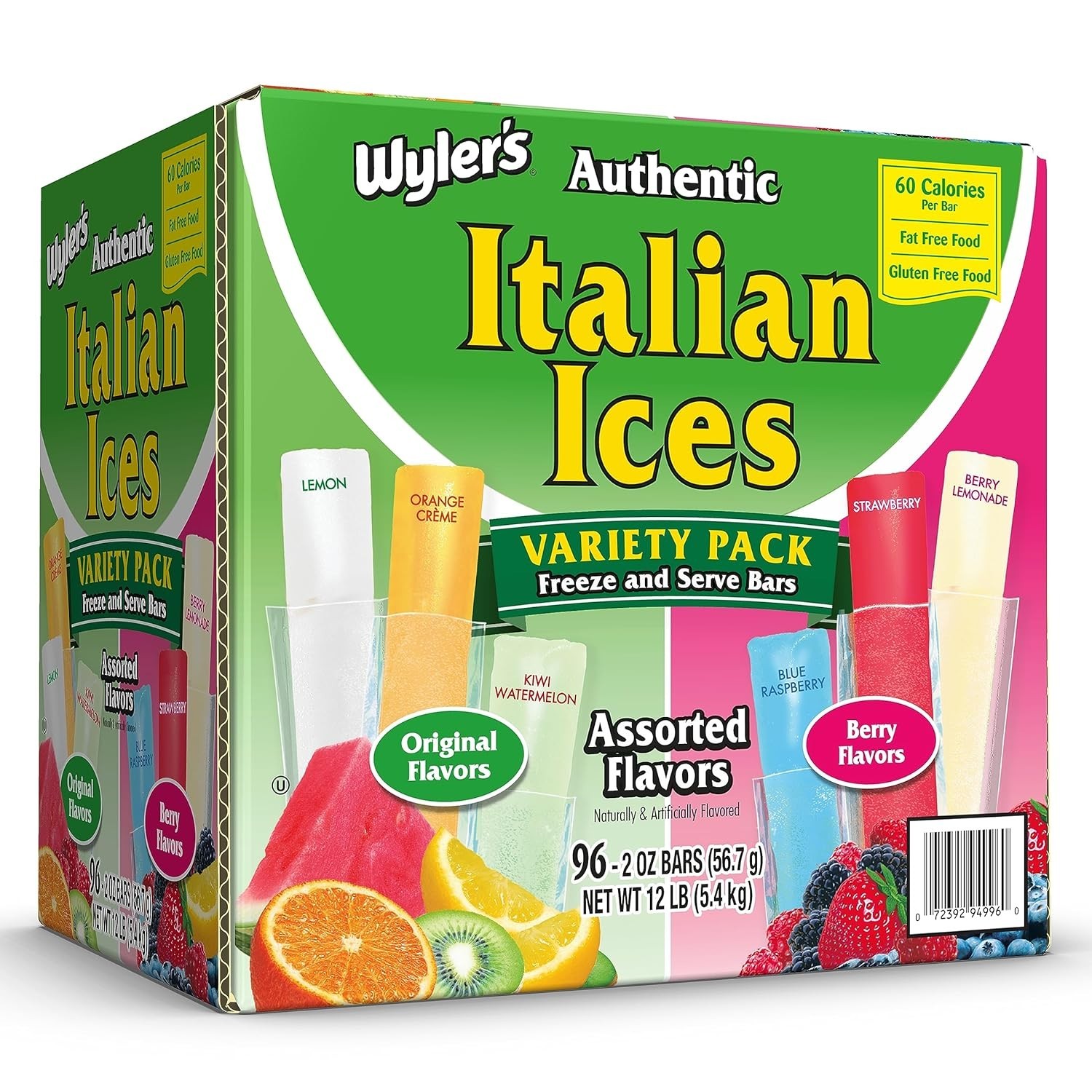 Wyler’s Authentic Italian Ice, Fat Free Freezer Bars, Assorted Flavors 96ct