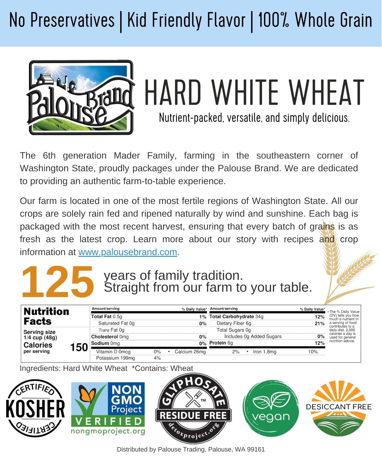 Non-GMO Hard White Wheat Berries – Glyphosate Residue Free, 5 LBS, Kosher