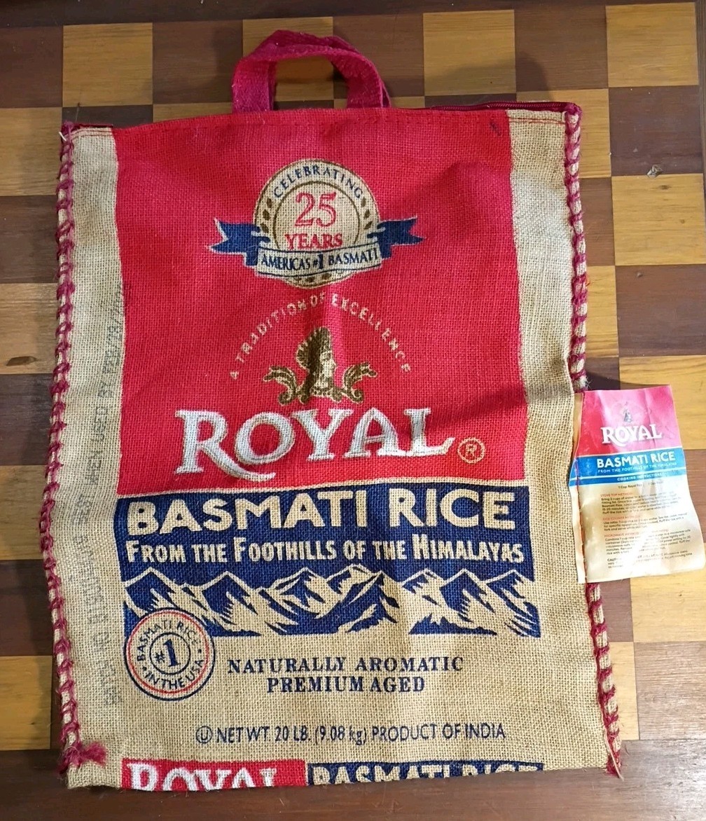 ROYAL BASMATI RICE Burlap 20lbs Bag. Has Handles & Zipper. 25th Anniv (No Rice)