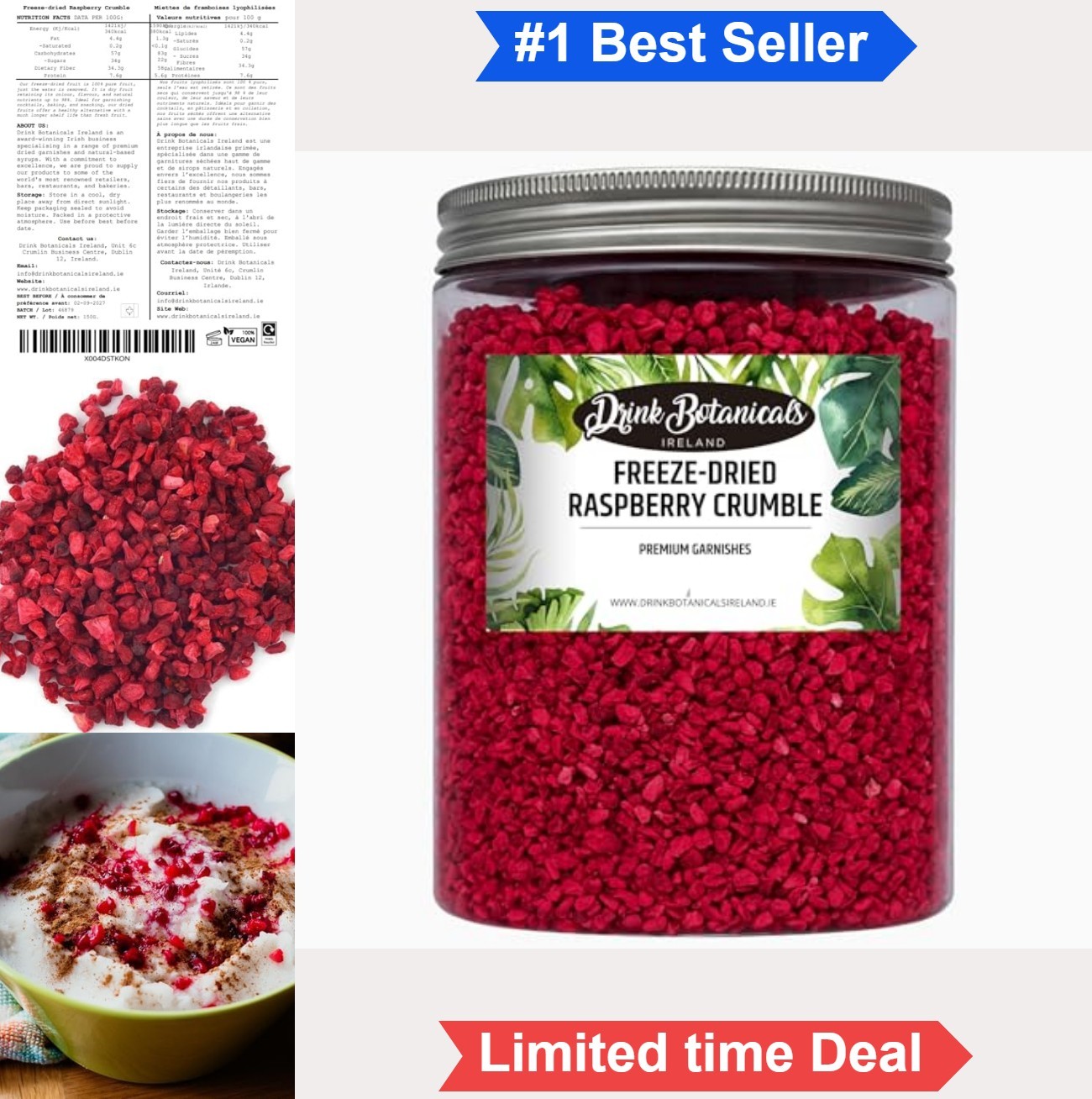 Freeze Dried Raspberry Crumble 5.29oz 150g for Baking Cocktail Garnish Non GMO