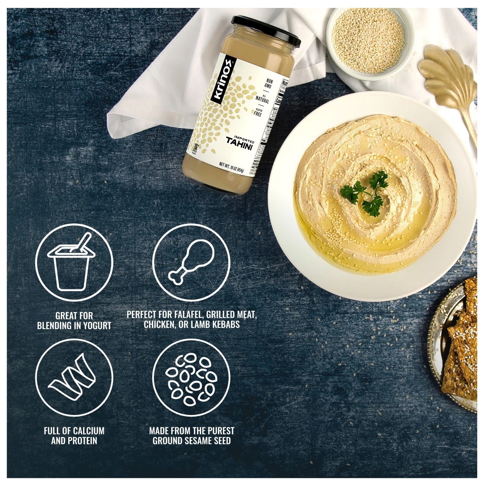 Krinos Imported Tahini, Sesame Seed, 16 oz