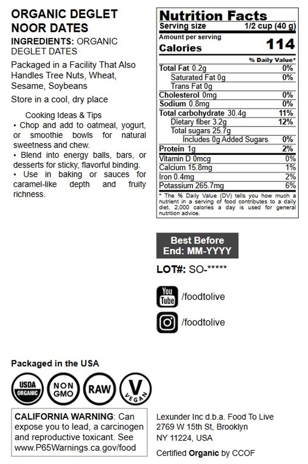 Organic Deglet Noor Dates — Non-GMO, Kosher, Raw, Vegan, Pitted — Food to Live