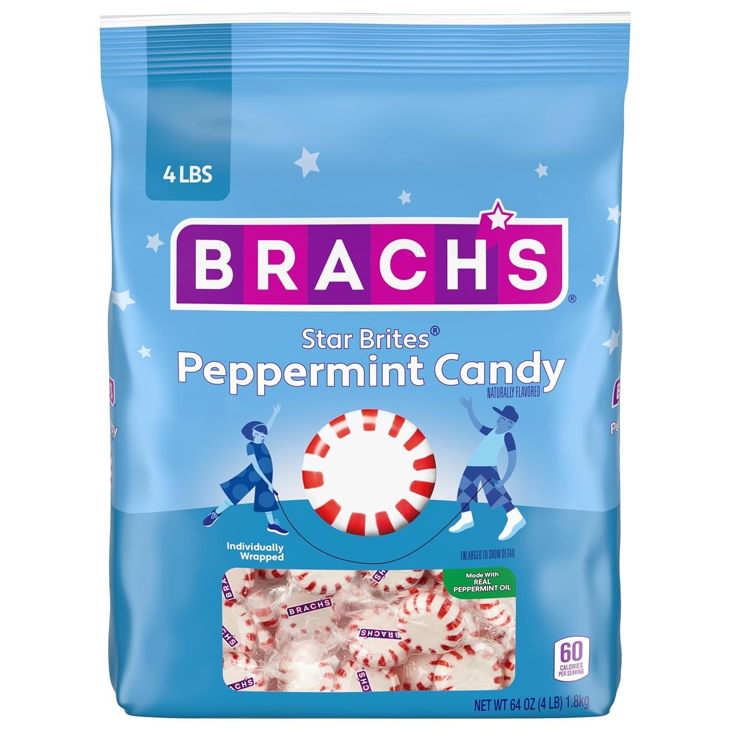Brach’s Star Brites, Peppermint, Individually Wrapped, 4 Pounds, Red,White