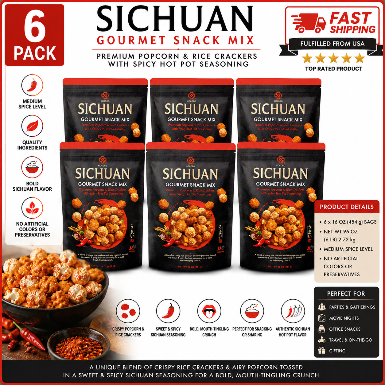 6 Pack Kokoro SICHUAN Gourmet Snack Mix with Spicy Hot Pot Seasoning 16 Oz.