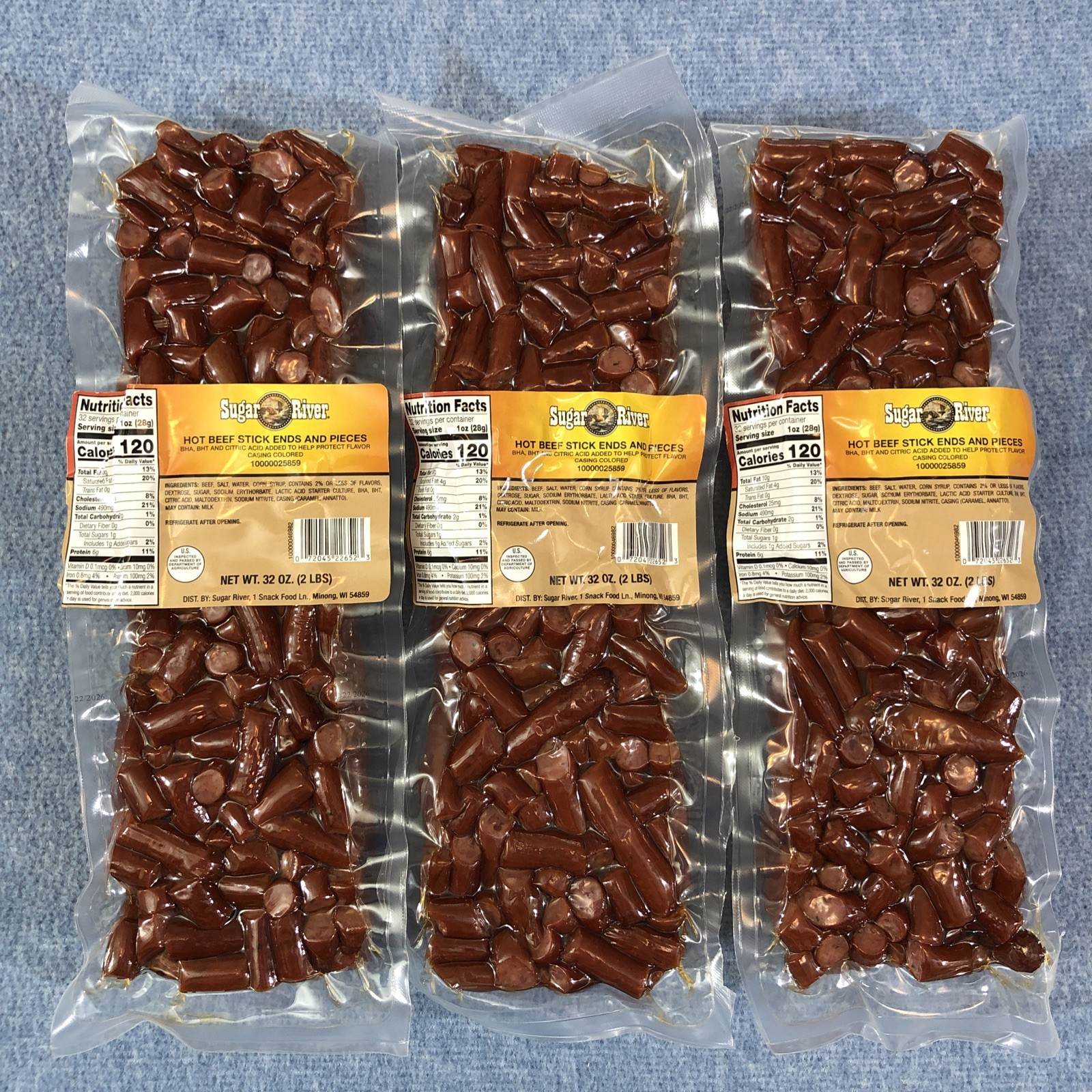 3 PACK ~ 2lb SUGAR RIVER HOT BEEF Stick Ends & Pieces Gluten Free NEW ITEM
