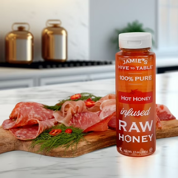 Jamie’s Hive to Table Hot Honey 12oz, Raw Honey, 100% Pure, Natural, Squeeze Bot