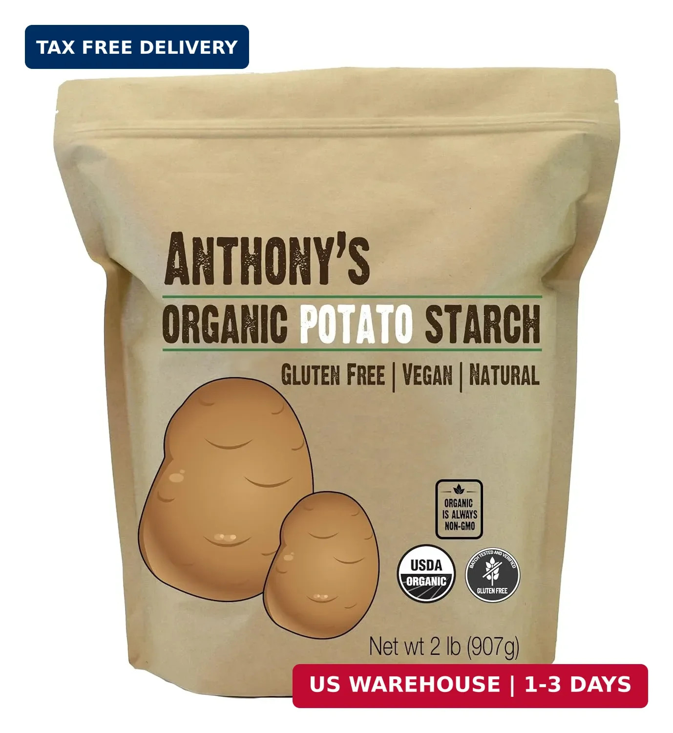 Anthony’s Organic Potato Starch, Unmodified, 2 lb, Gluten Free & Non GMO, Resist