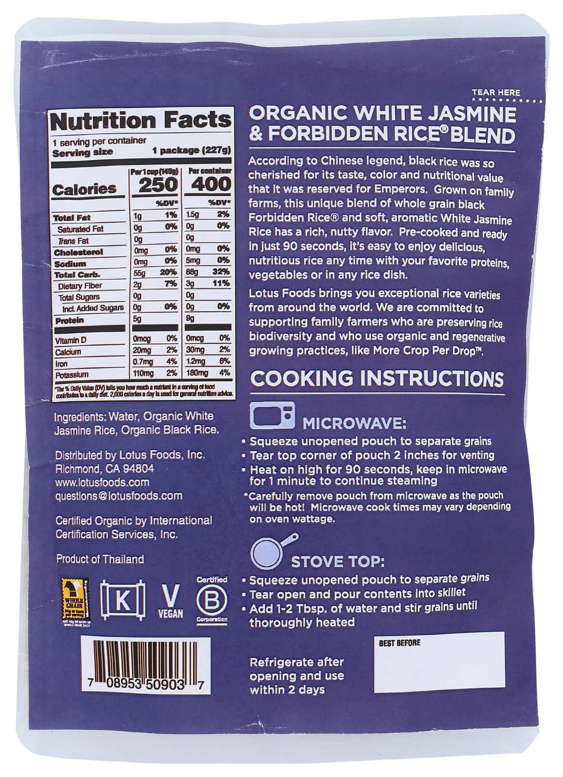 Lotus Foods, Rice White Jasmine And Forbidden Blend Organic, 8 Ounce 8