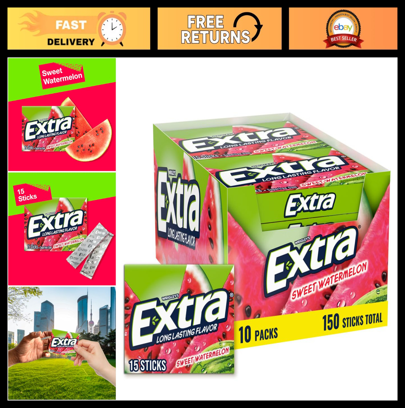 Sweet Watermelon Sugar-Free Gum, Bulk Individually Wrapped, Long Lasting Fresh B
