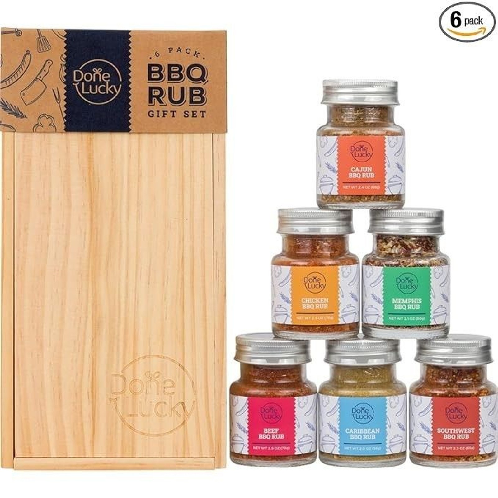 NEW BBQ SPICE Meat Rub DONE LUCKY * Gift Set * in Premium Wooden Box Set of 6