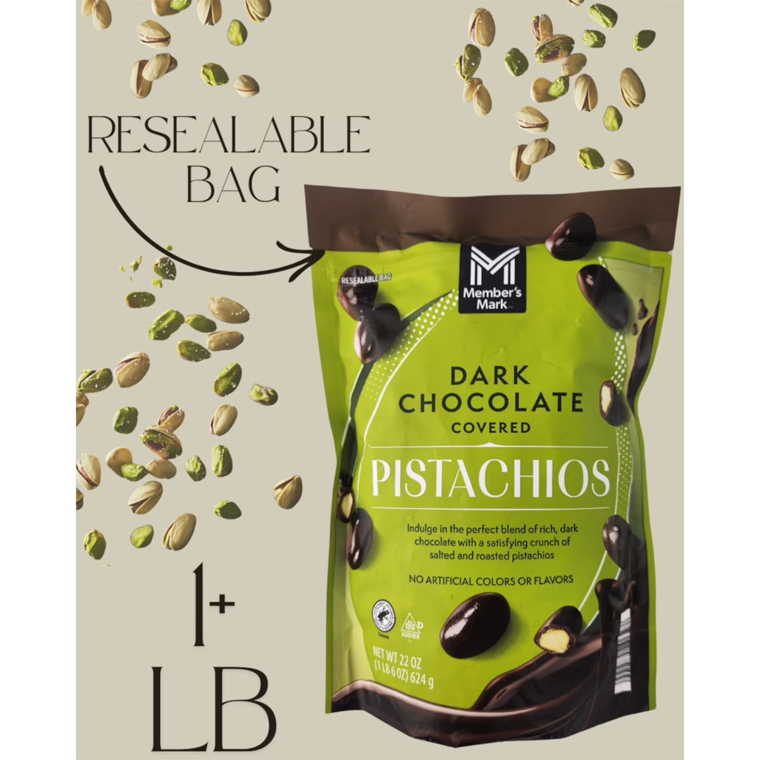Member’s Mark Dark Chocolate Covered Roasted Pistachios, 22 oz.FREE SHIPPING