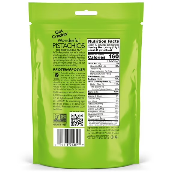 Wonderful Pistachios, No Shells Roasted & Salted Pistachios, 12 Ounce Bag