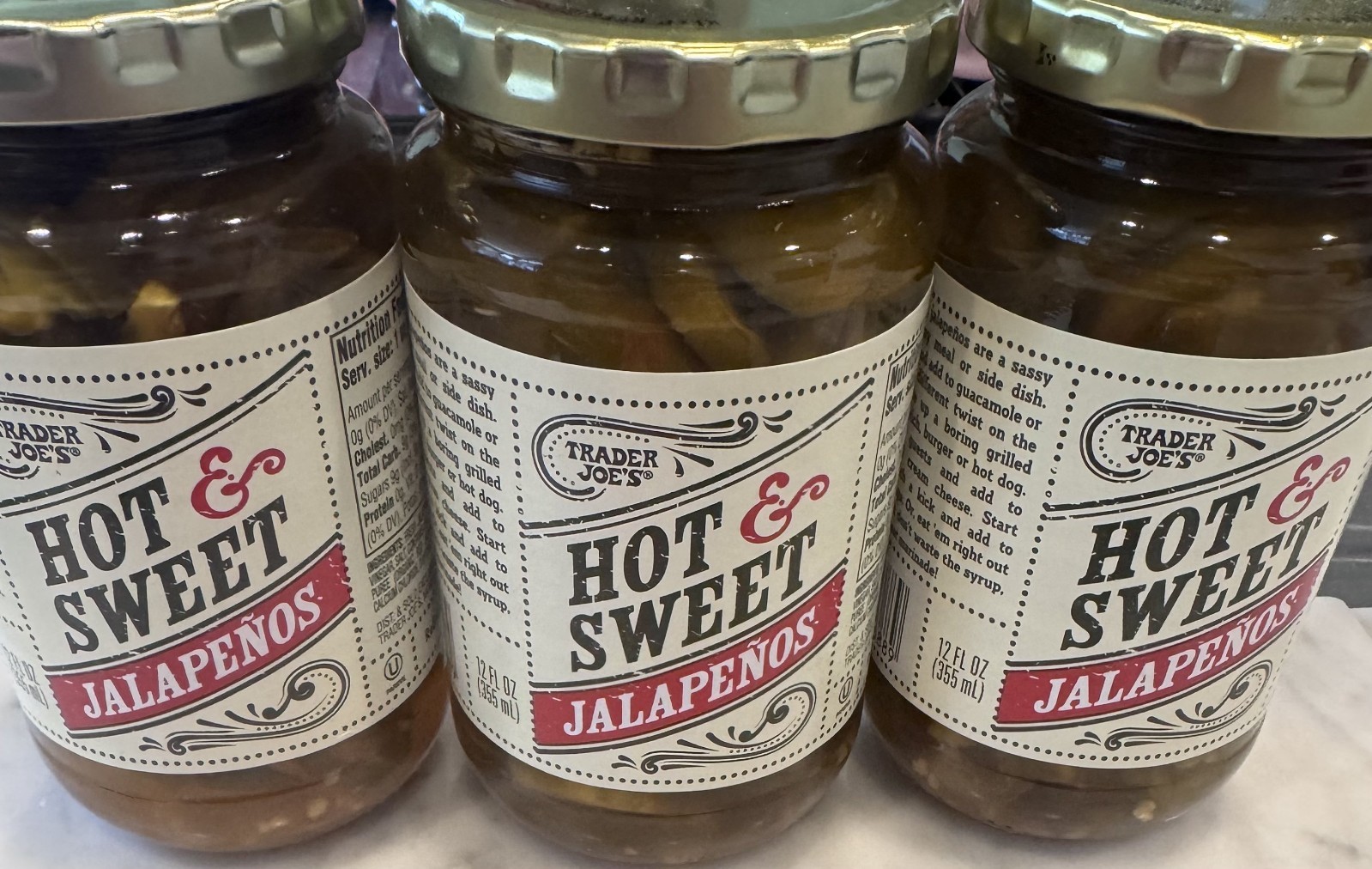 3 Pack Trader Joe’s Hot & Sweet Jalapenos 12 oz Jar GAME DAY Fave ivory Label