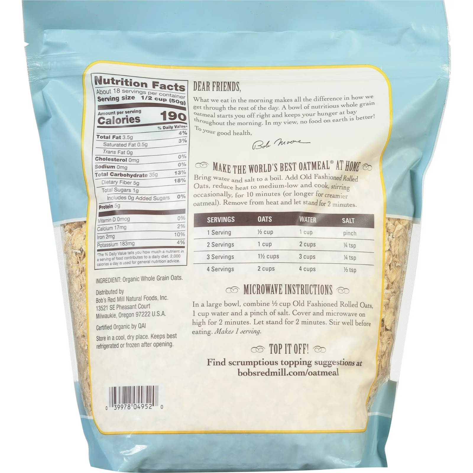 New Bob’s Red Mill Non GMO Organic Old Fashioned Rolled Oats 32 oz Bag @@