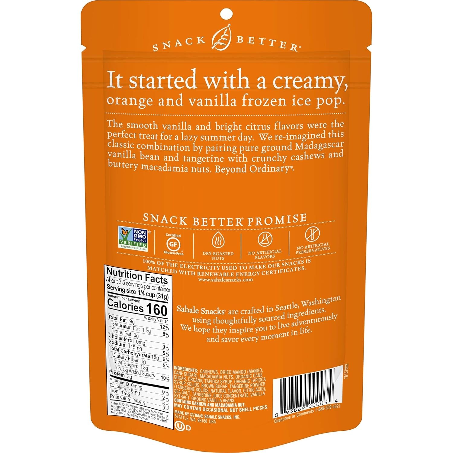 Sahale Snacks Tangerine Vanilla Cashew Macadamia Glazed Mix, 4 Ounces