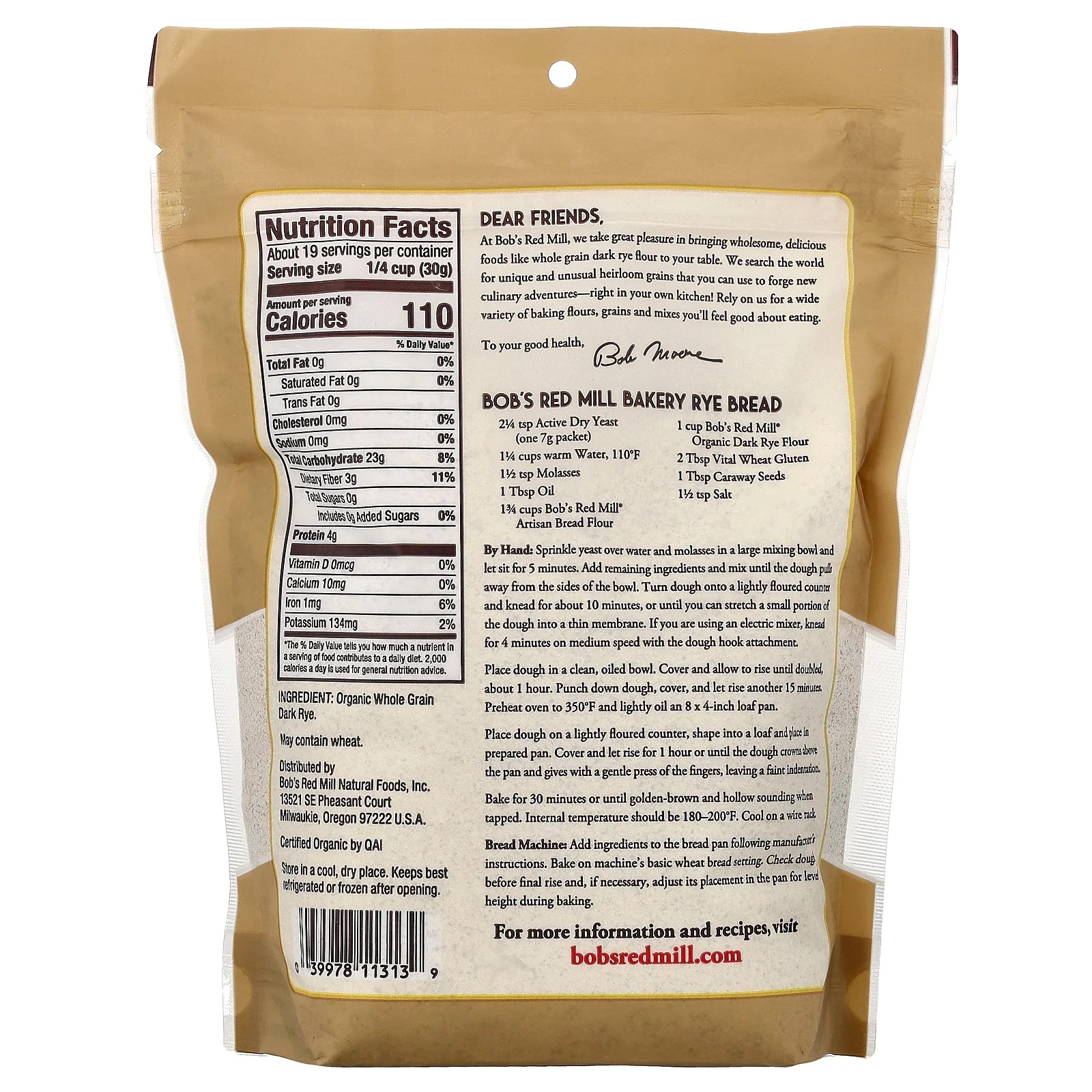 Organic Dark Rye Flour, Whole Grain, 20 oz (567 g)