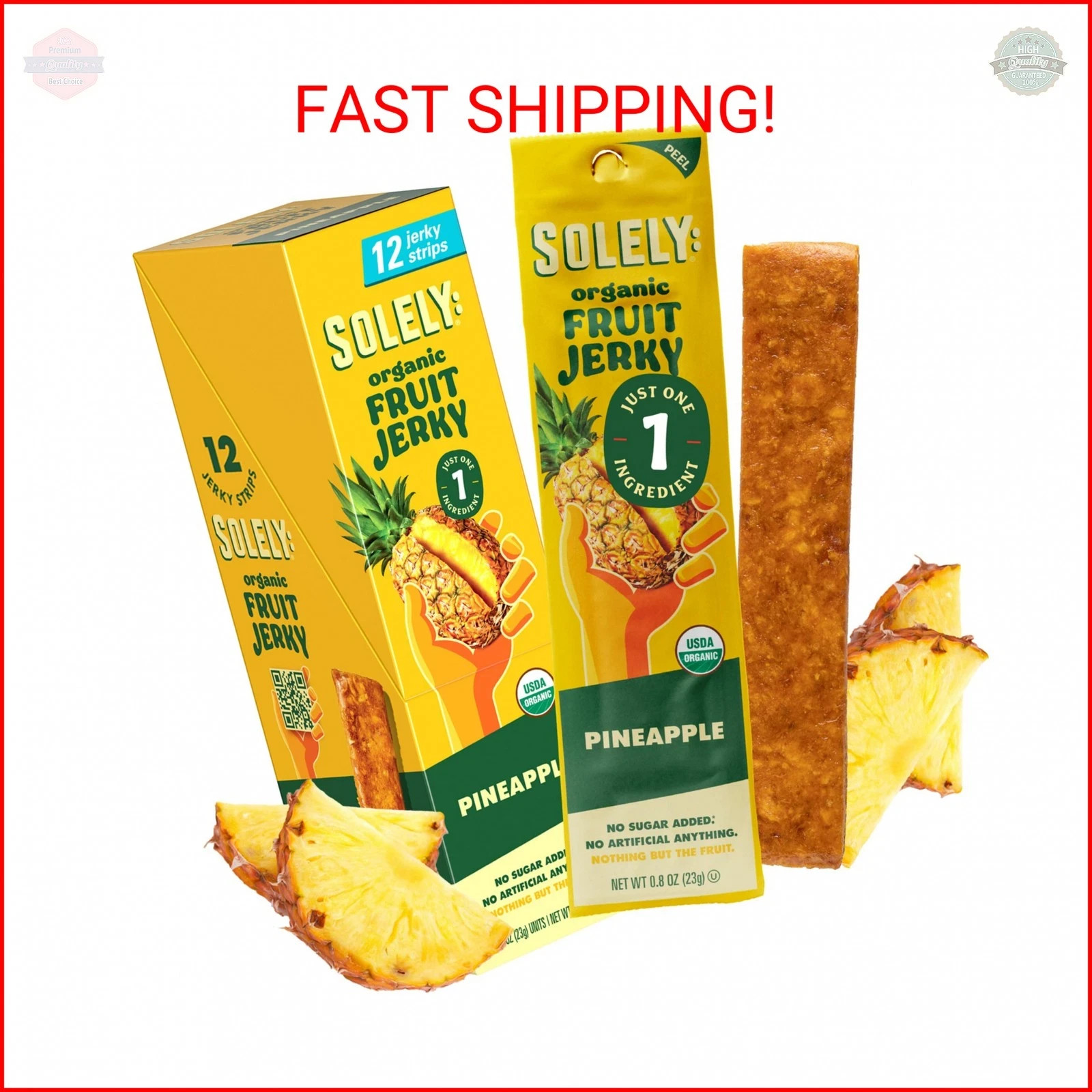 SOLELY – Organic Pineapple Fruit Jerky – 12 Individually Wrapped Strips – Fruit