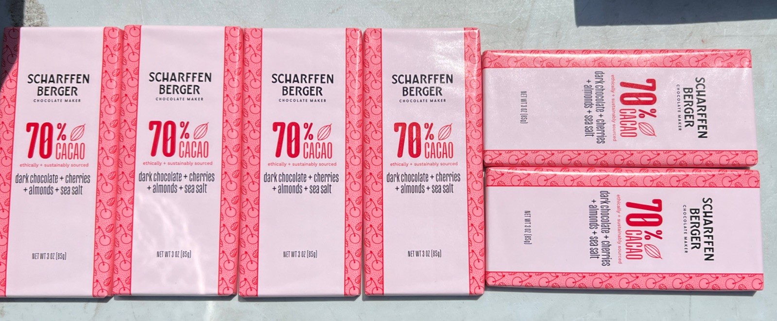 Scharffen Berger 70% Dark Chocolate Bar W Cherries Almond Salt 3 Oz SIX PACK FS