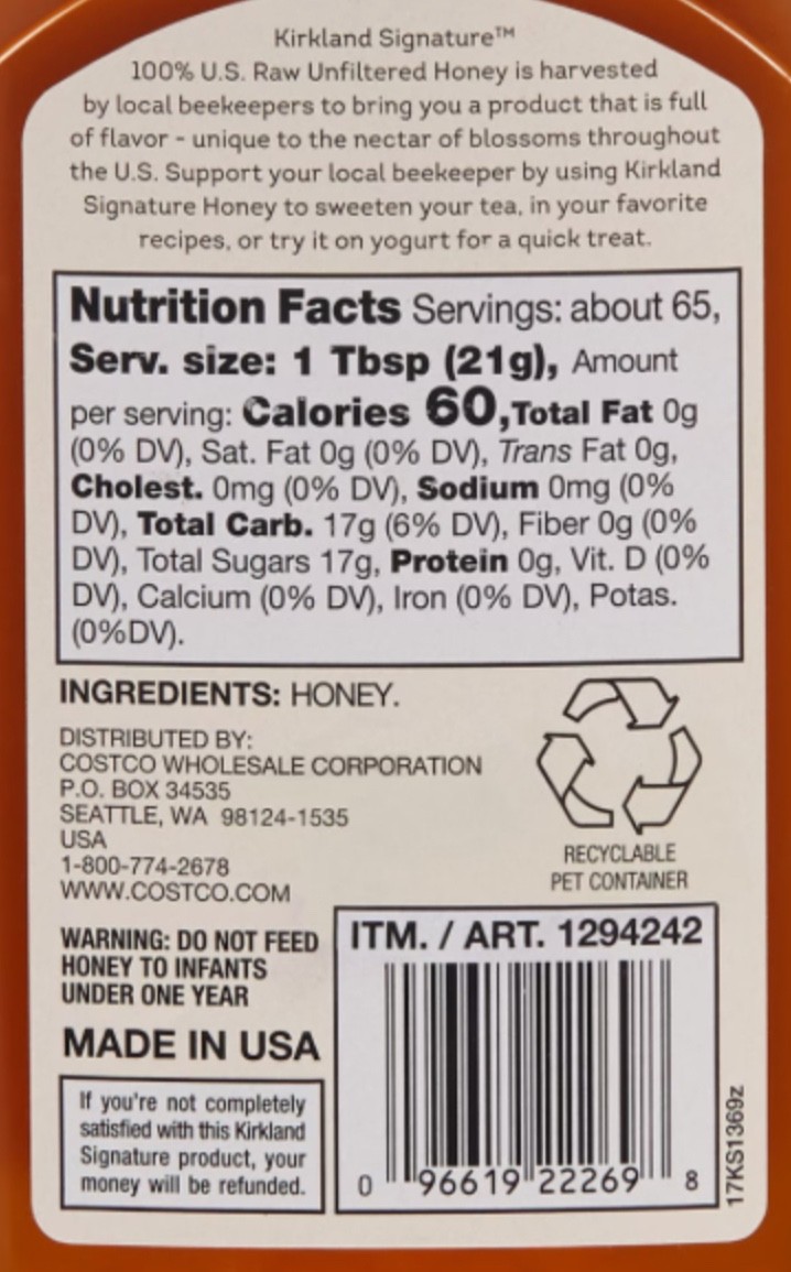 2 X Kirkland Signature U.S. Raw Unfiltered Honey 3 LB Total 6 LB, EXP 05/2028