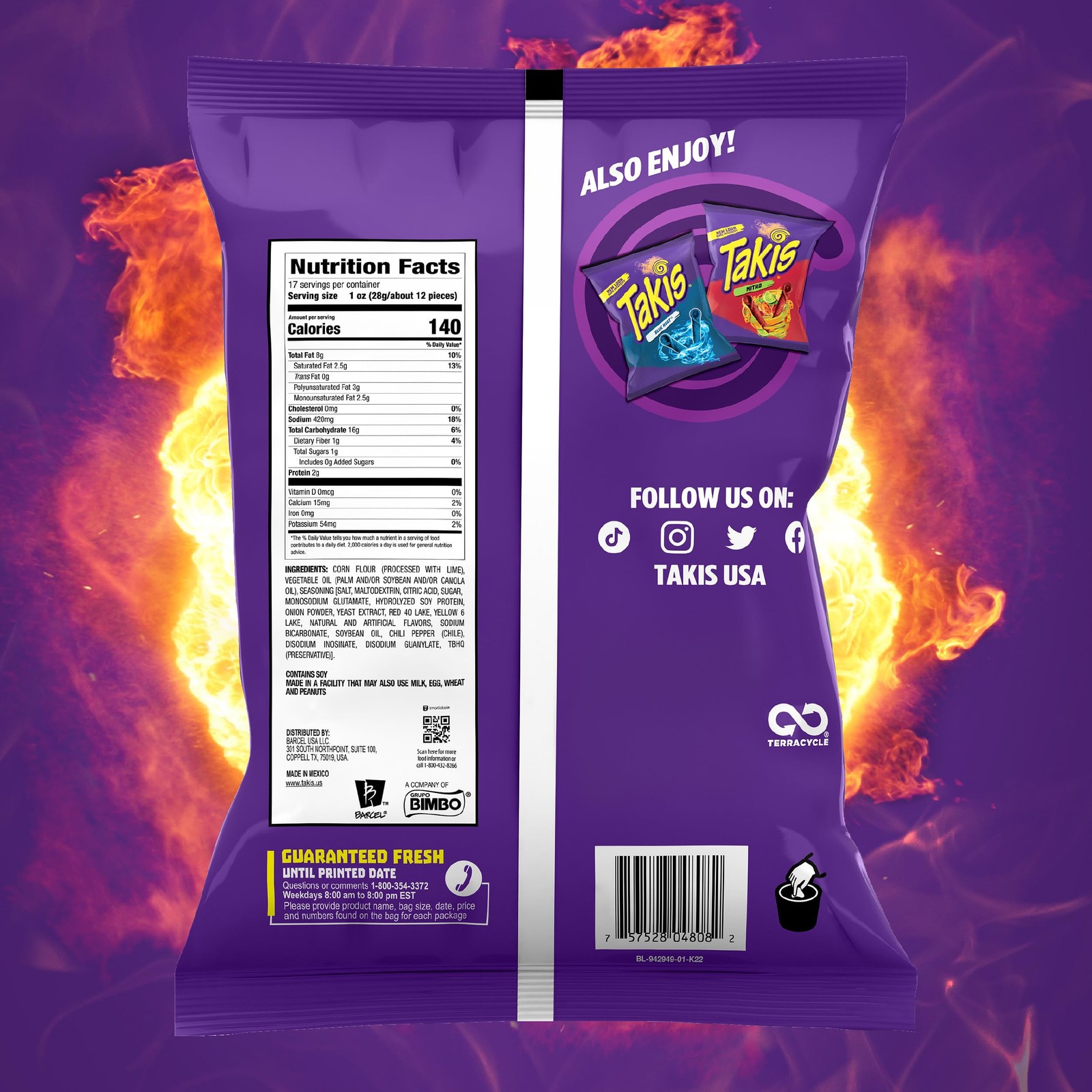 Takis Fuego 17 oz Fiesta Size Hot Chili Pepper & Lime Extreme Spicy Rolled Corn