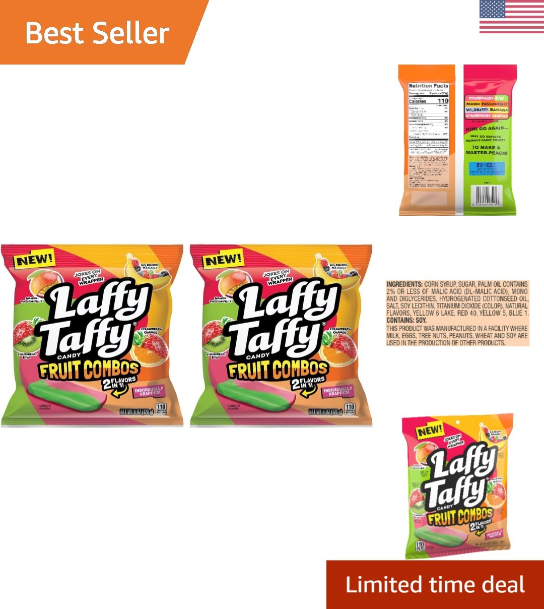 Individually Wrapped Fruit Combo Taffy Mini Bars – 6oz Pack of 2 for Sharing