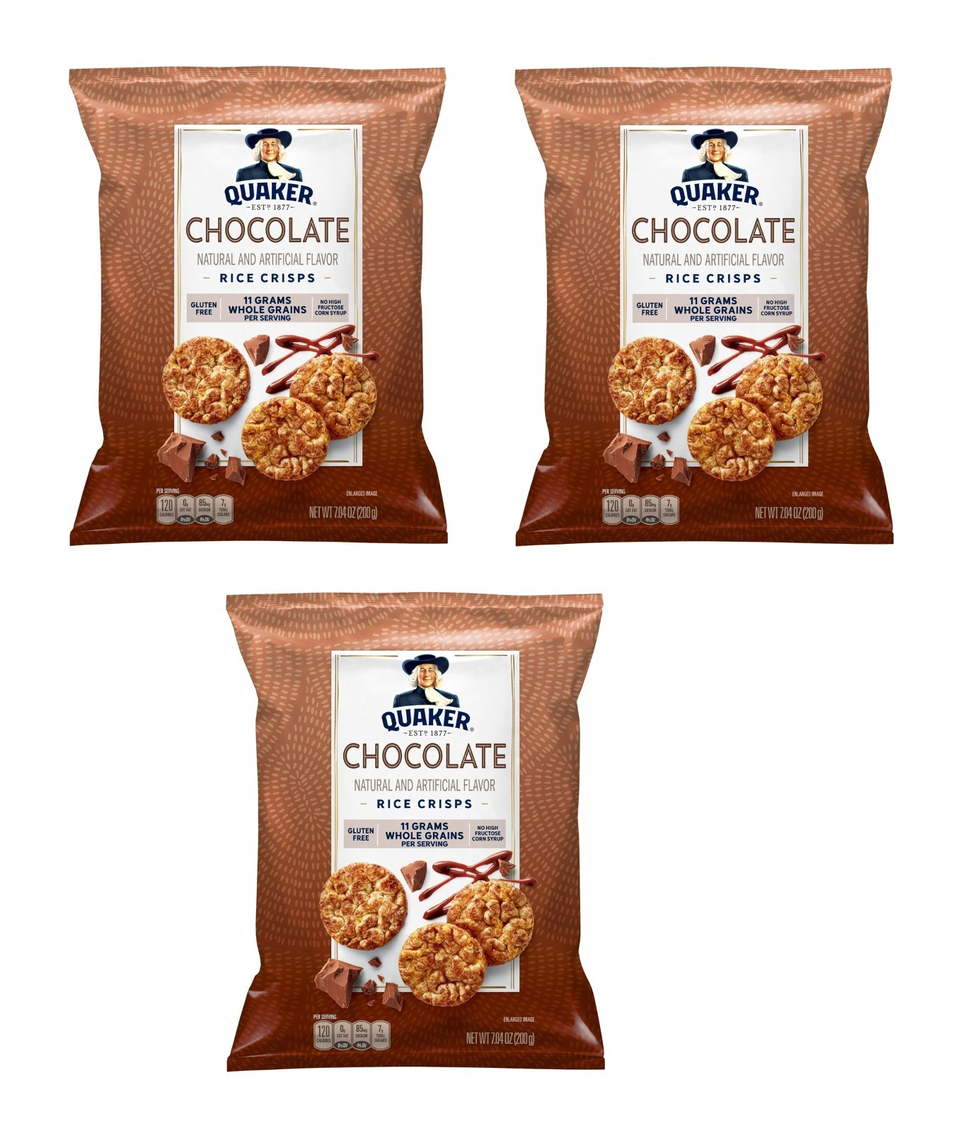 3 Pack Quaker Popped Chocolate Rice Crisps Cereal Size 7.04 oz Bags Gluten Free