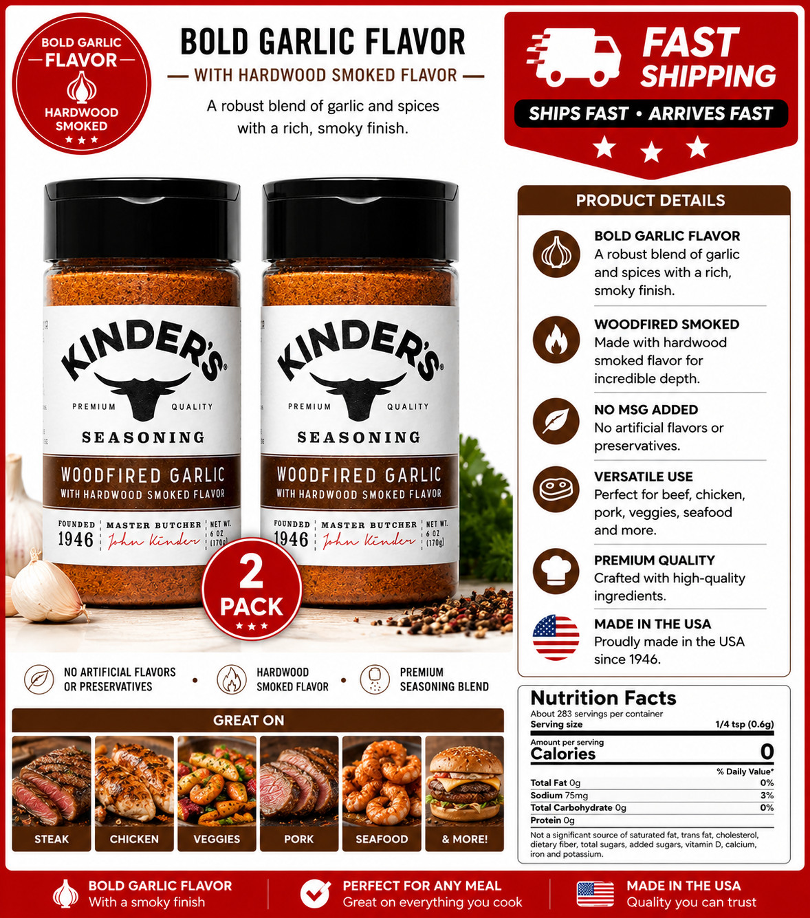 2PACK Kinder’s Woodfired Garlic Rub with Smoked Flavor 9.5 oz.