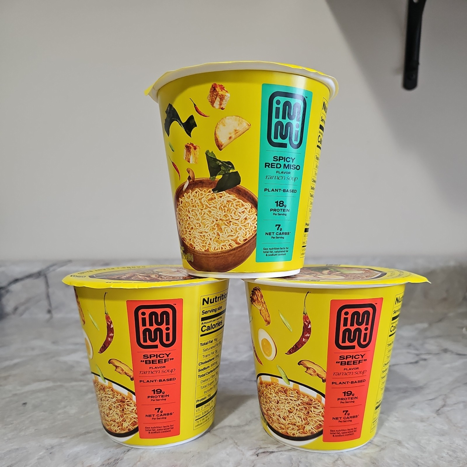 3X IMMI Cup Ramen Spicy Beef & Spicy Red Miso 2 oz High Protien Low Carb Keto
