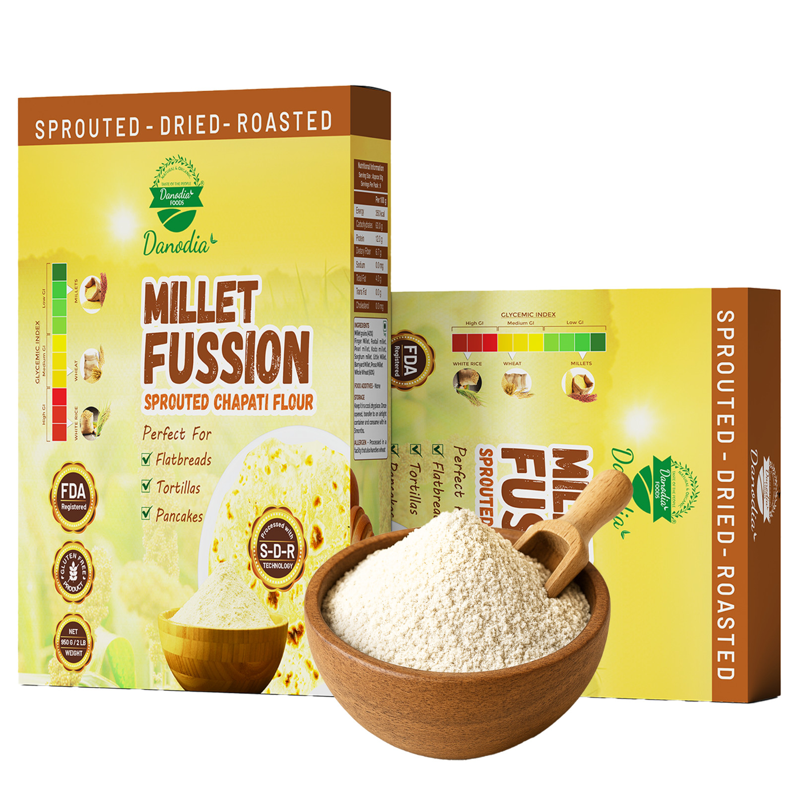 Danodia Foods Sprouted Roti/Chapati Flour–7-Millet+Whole Wheat (60/40), 9502lb