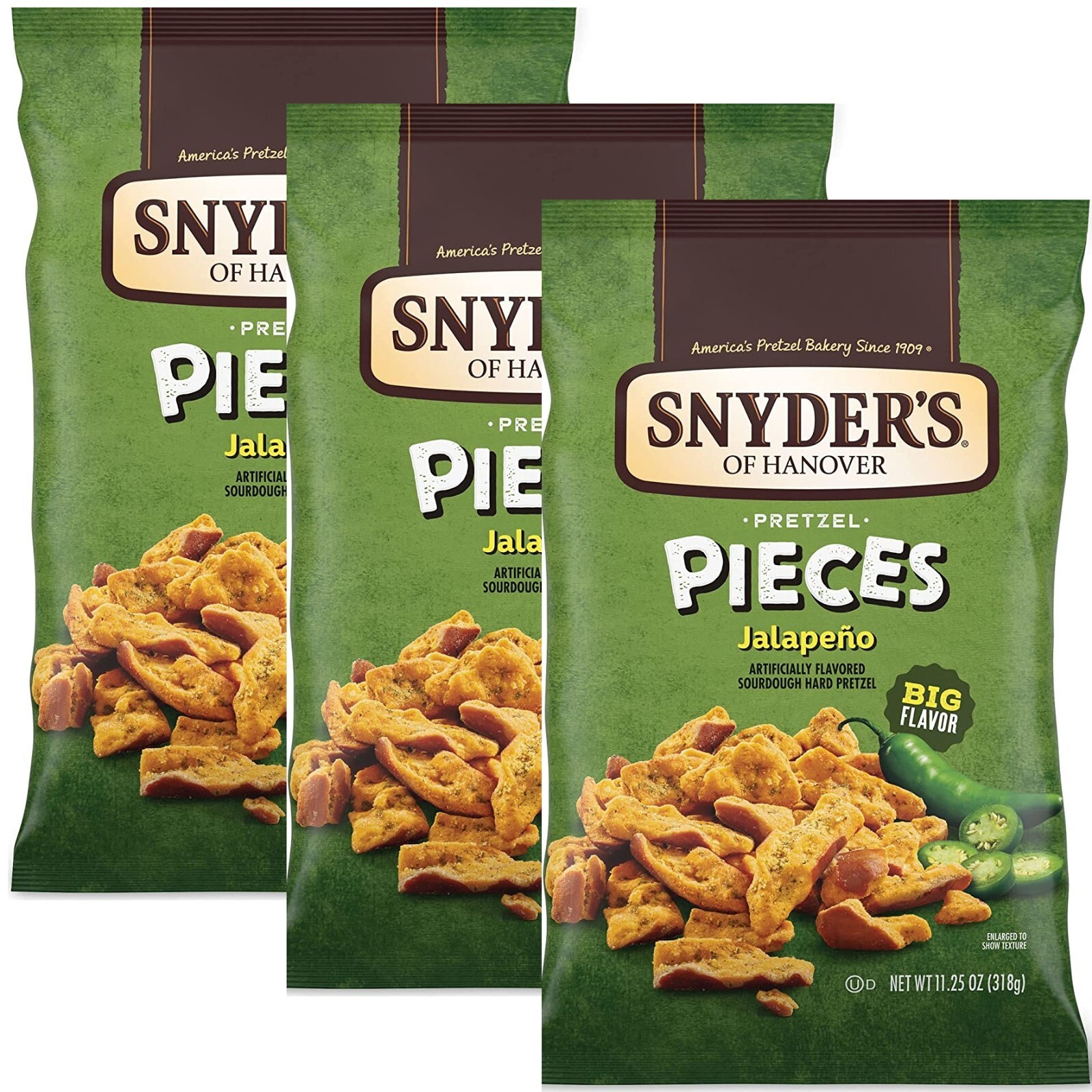 Snyder’s of Hanover Pretzel Pieces JALAPENO Pepper Spicy Sourdough 11.2Oz 3 Bags
