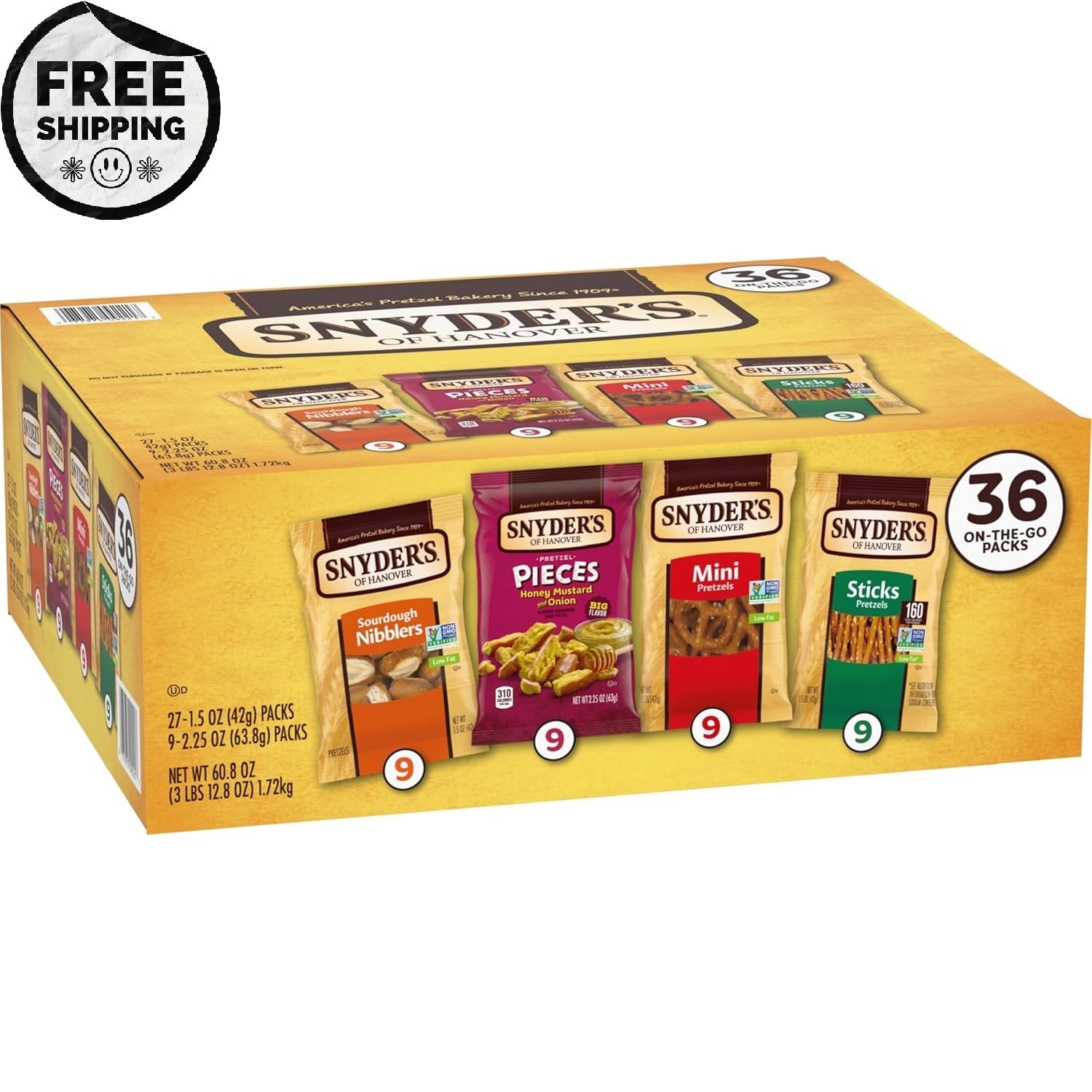 Snyder’s of Hanover Variety Pack Pretzels, Variety Pack- 36 count- Fast Shipping