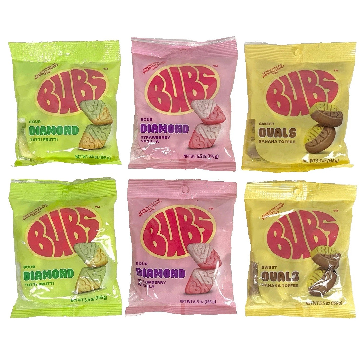 Bubs Swedish Candy 6 Pack Of 5.5 Oz Bags Strawberry Tutti Frutti Banana Toffee