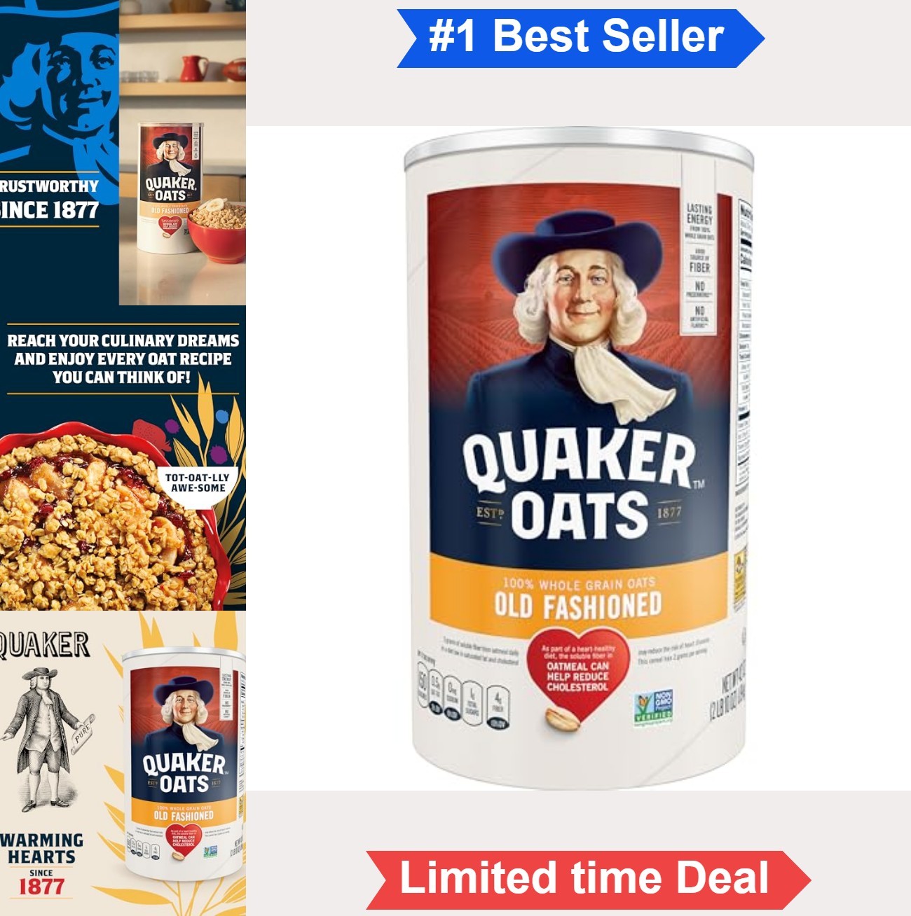 Oatmeal 42 Ounce Canister Quick Cook Rolled Oats Hot Cereal Breakfast