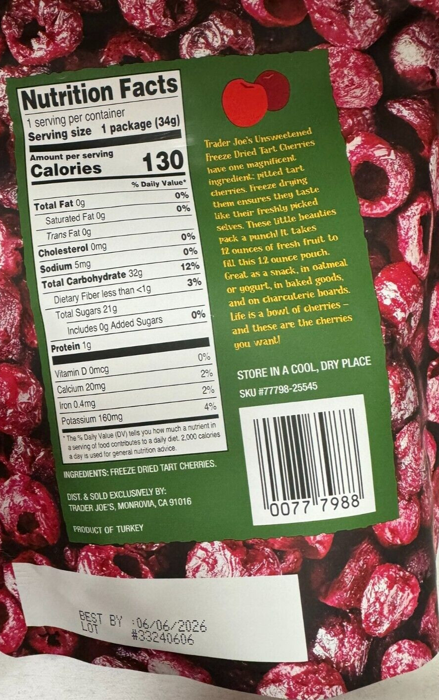 Trader Joe’s Organic Freeze Dried Tart Cherries Pitted 1.2 oz Each NEW