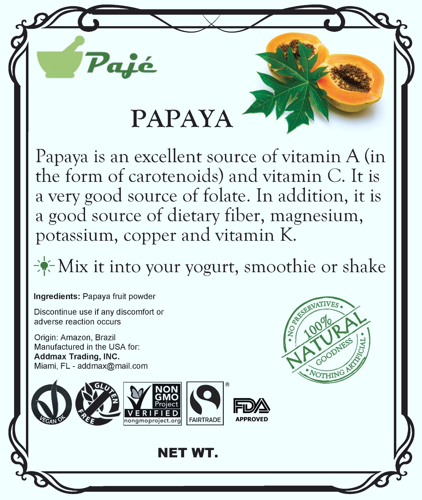 Papaya fruit powder 32oz 2lb PAJE – digestive aid , vitamins – PAJE POWDER