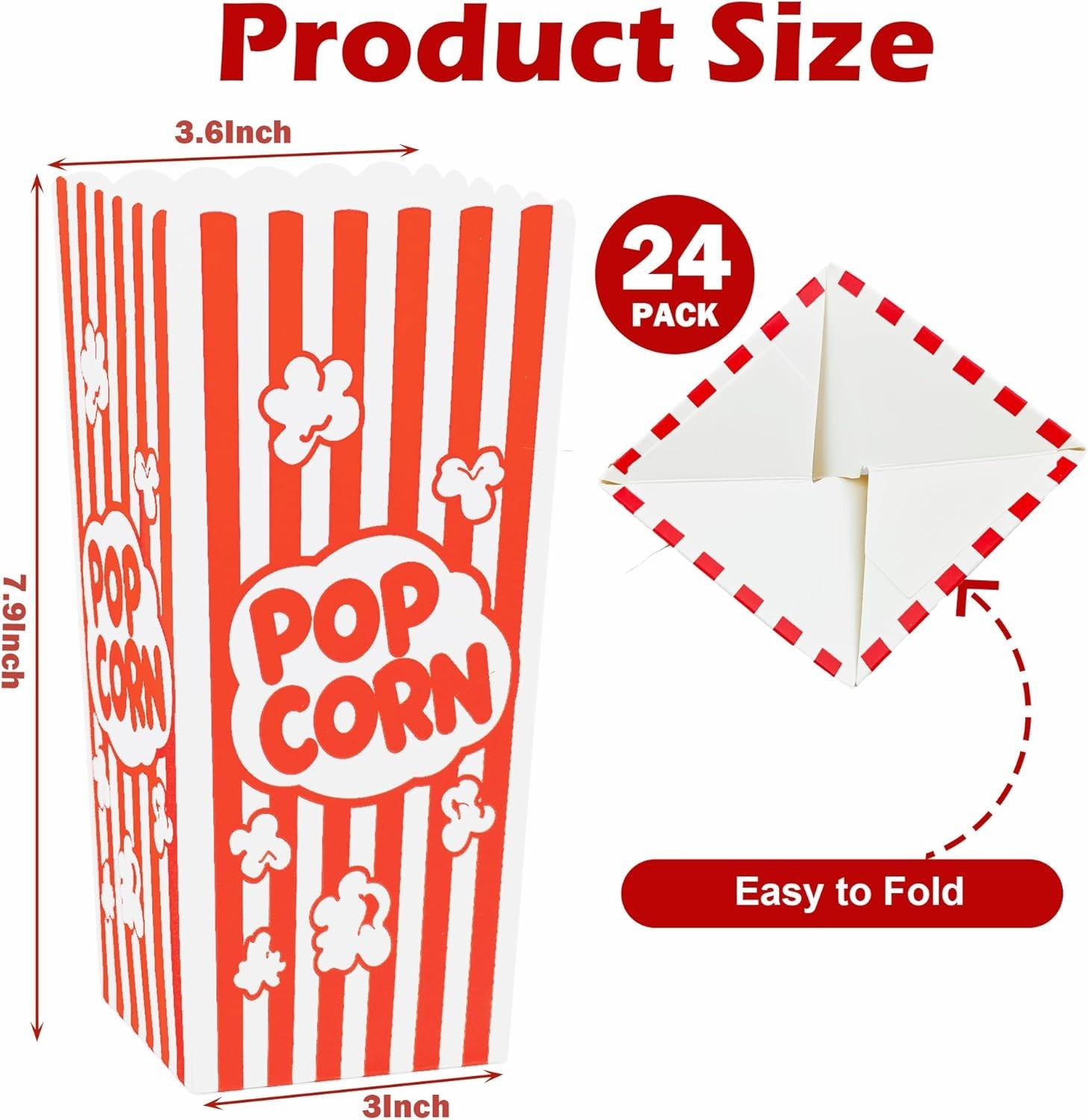 24 Pcs Popcorn Boxes 7.9″ Tall & 3.6″ Square Large Capacity Popcorn Containers