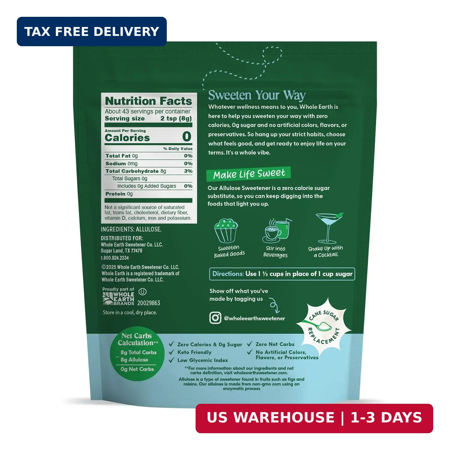 Whole Earth Zero Calorie Allulose Sweetener, Zero Calorie Sugar Substitute, Keto