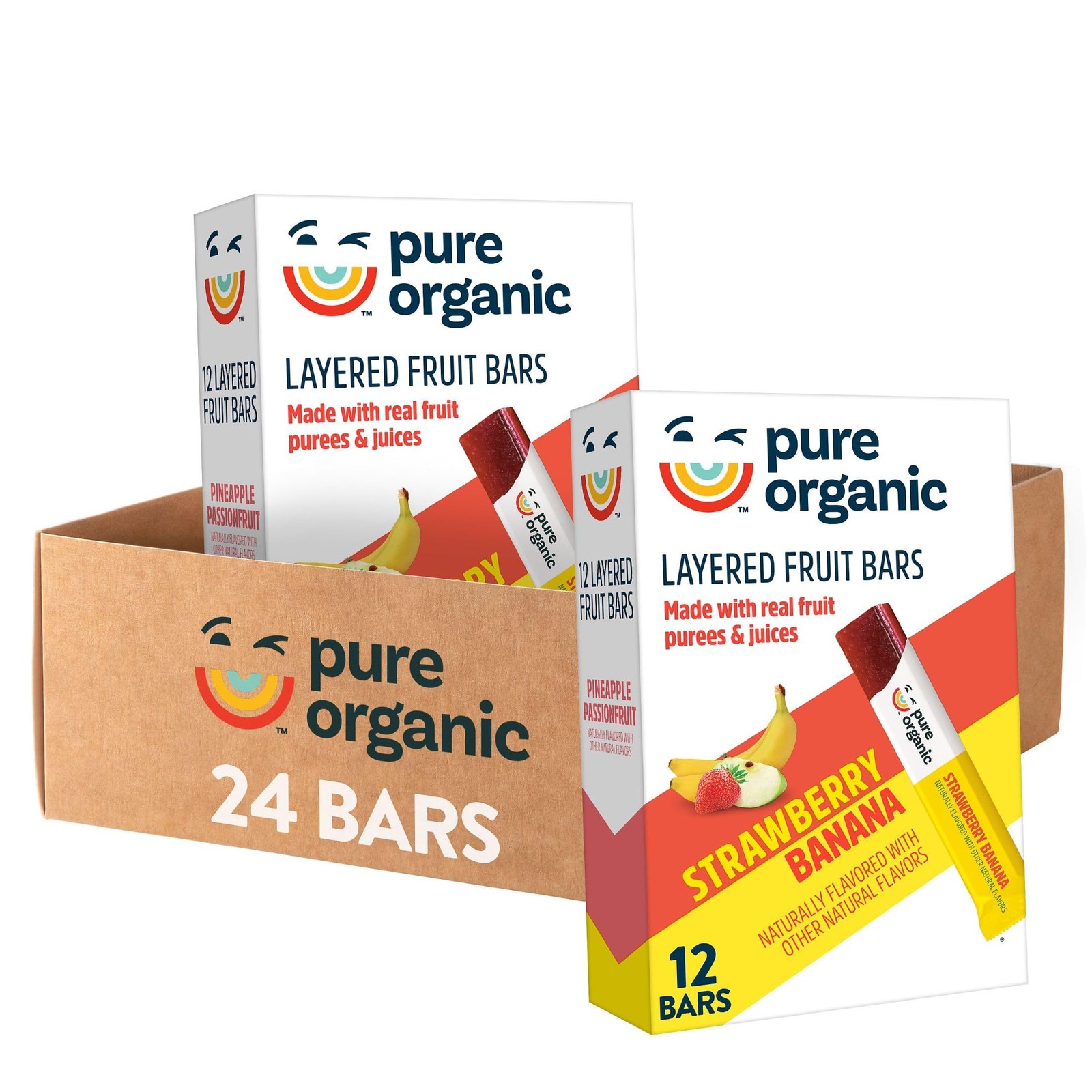Pure Organic Layered Fruit Bars, Gluten Free, Strawberry Banana 2 Boxes, 24 Bars