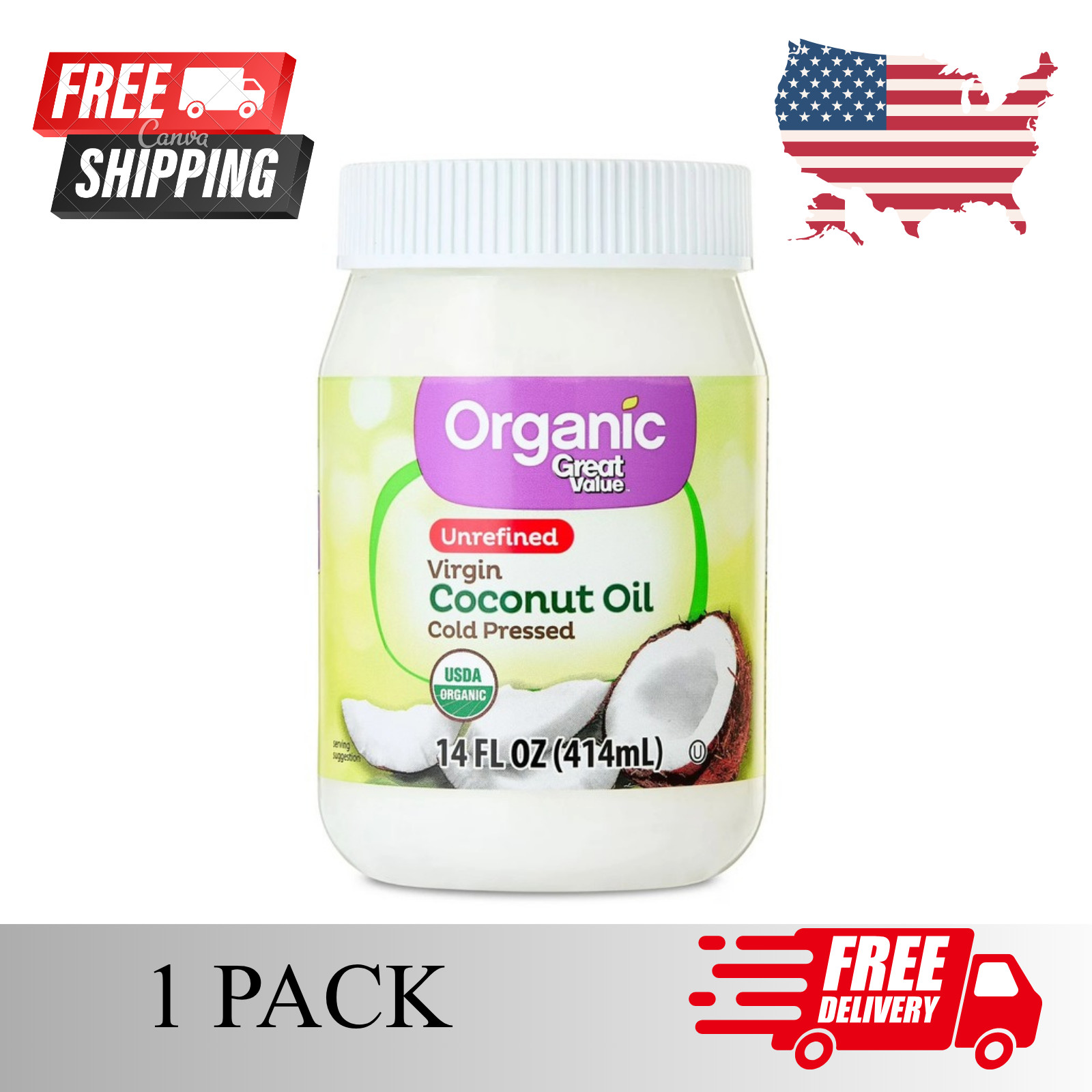 Great Value Organic Unrefined Virgin Coconut Oil, 14 fl oz Free Shipping