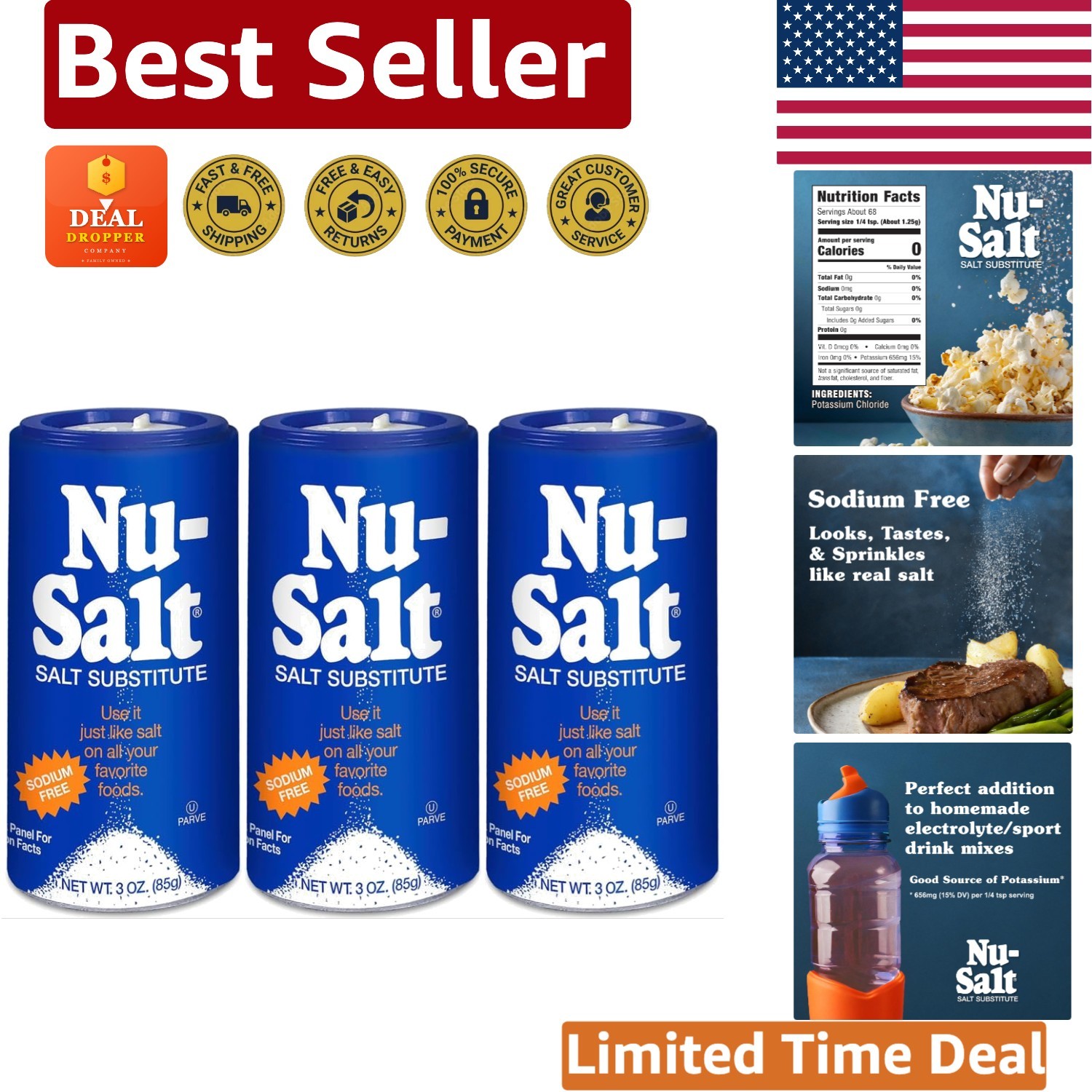 Sodium-Free Salt Substitute Pack of 3, Natural Flavor Enhancer in Shaker Bottles